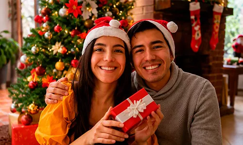 Personas celebrando la Navidad con un regalo frente a un árbol navideño decorado, en un ambiente cálido y festivo.