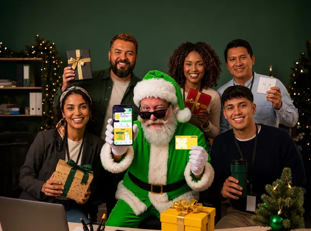 Papá Noel muestra un celular y una tarjeta Pluxee, con otras personas alrededor.