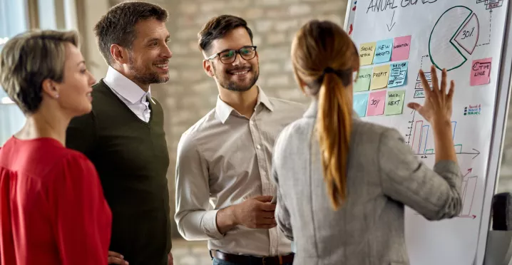 Equipo de trabajo analizando gráficos y datos en pizarra, aplicando habilidades duras para la toma de decisiones en empresa en Perú