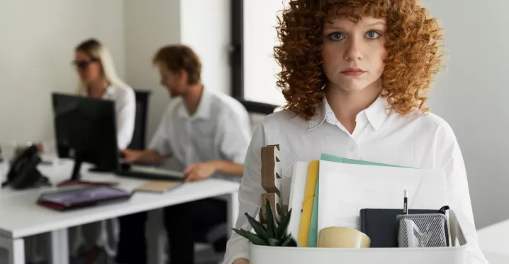 Colaboradora dejando la oficina con una caja de pertenencias tras una renuncia laboral relacionada con la rotación del personal en empresas.