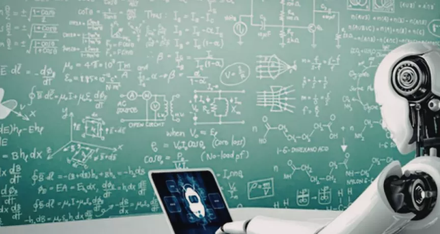Robot frente a una computadora portátil y una pizarra con fórmulas y diagramas, en una ilustración sobre inteligencia artificial y aprendizaje.