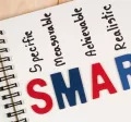 Cuaderno con la palabra SMART y sus componentes, representando el método para definir objetivos SMART claros, medibles y alineados en las empresas.