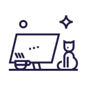 Ilustración que muestra una computadora, una taza de té y un gato