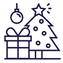 Ilustración de un árbol de Navidad y un regalo